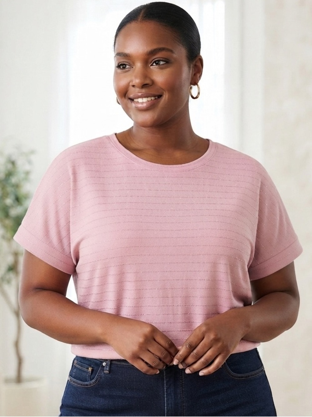 Ellen Tracy Metallic Striped Top XXL Dusty Pink NWT